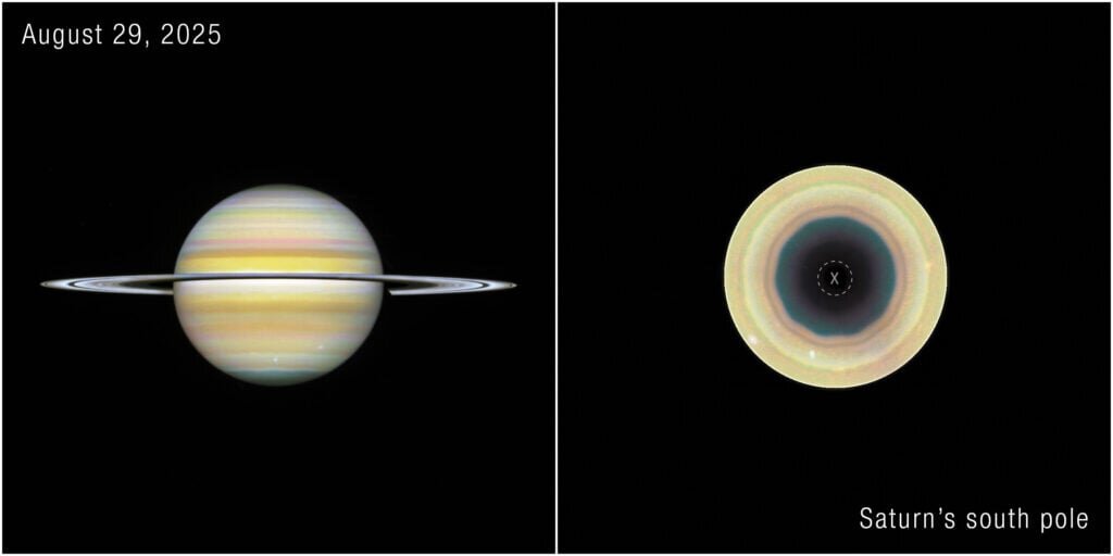 Astronomers using Hubble found a new roughly 104,000-mile-wide ten-sided storm forming at Saturn’s south pole, a geometric twin to the famous hexagon that has long circled the north - Space Daily