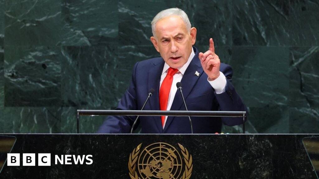 Netanyahu defends Israeli military action as delegates walk out before UN speech - BBC